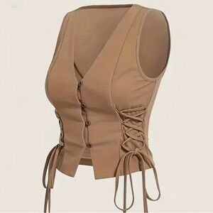 Crossed Frenulum Drawstring Side Cropped Vest ~ Tan
